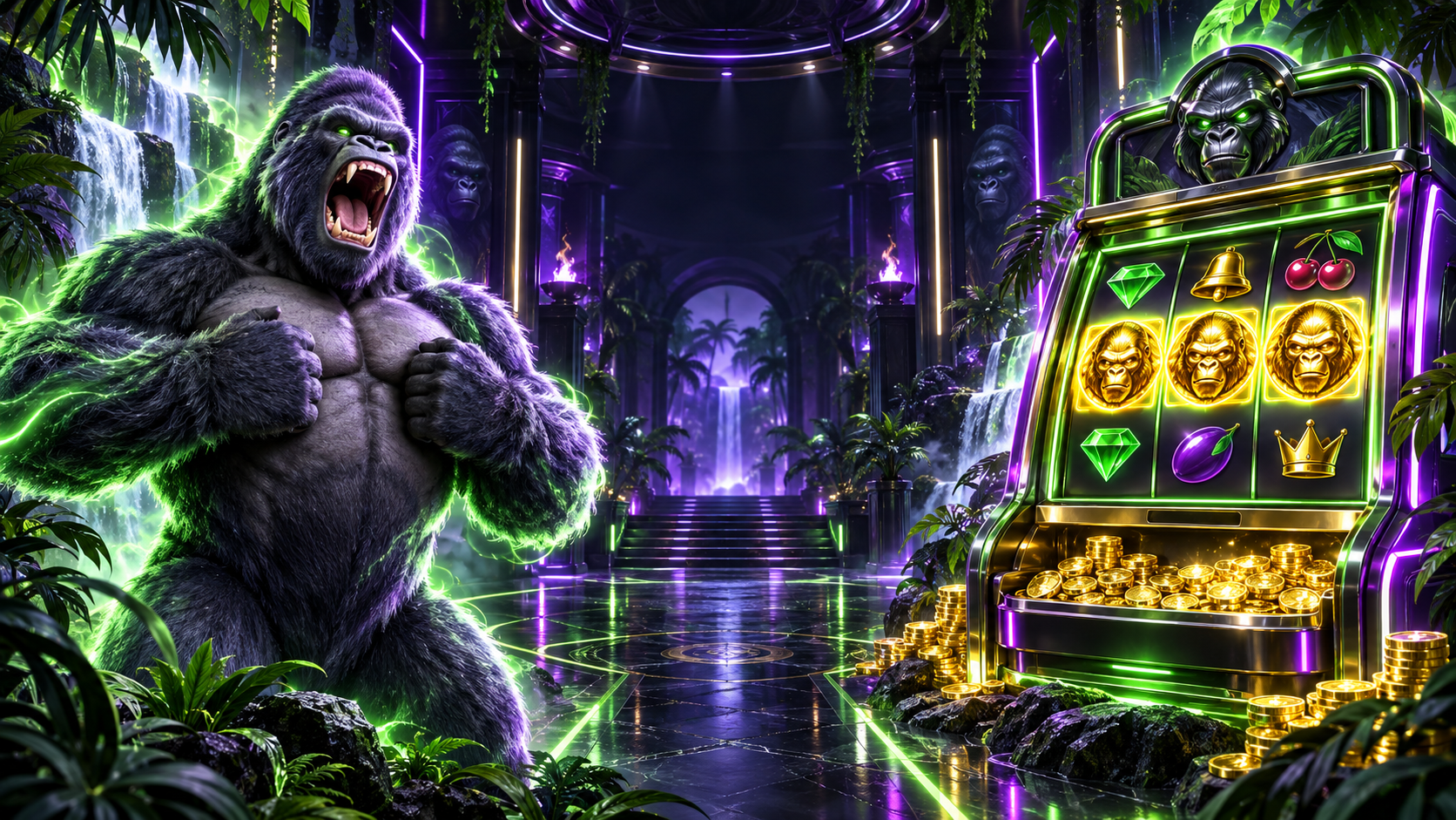 Neonfényes gorilla és futurisztikus nyerőgép egy kaszinó-dzsungelben